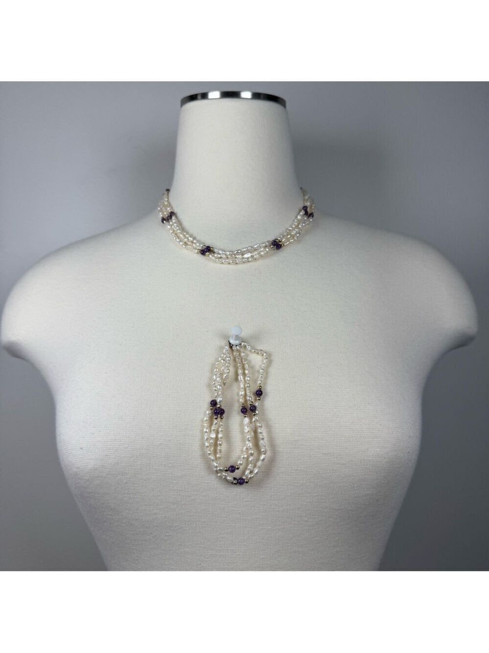 Pearl and Purple Bead Necklace and bracelet , 3 strand Vintage